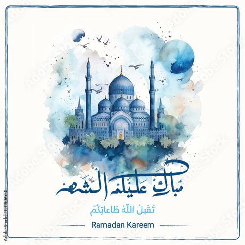 ramadan kareem in arabic calligraphy greetings with islamic moque and decoration, translated "happy ramadan" you can use it for greeting card, calendar, flier and poster - vector illustration