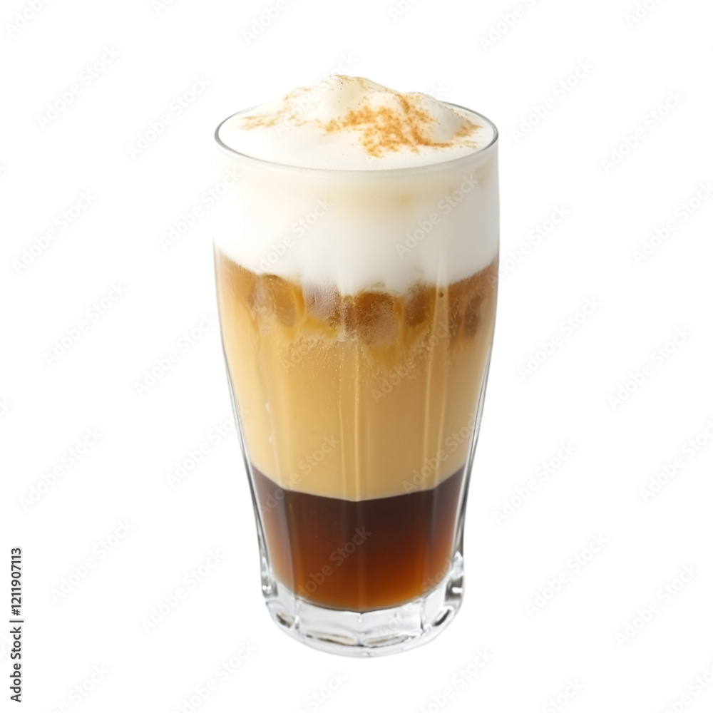 Iced layered coffee drink with a thick layer of frothy milk and a dusting of cocoa powder. Iced layered coffee drink with a thick layer of frothy milk and a dusting of cocoa powder.