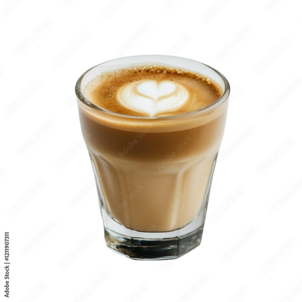 A perfectly crafted latte art heart adorns this delicious-looking coffee drink in a clear glass. A perfectly crafted latte art heart adorns this delicious-looking coffee drink in a clear glass.