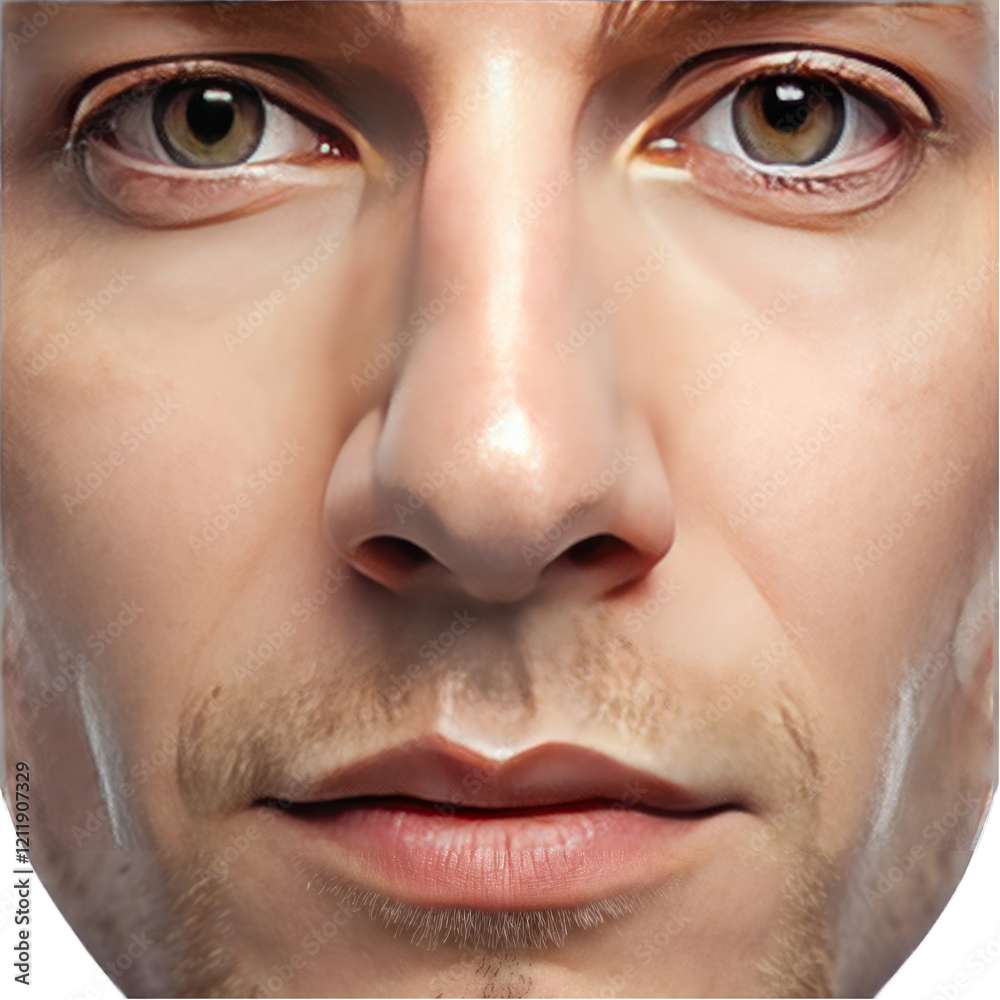 Naklejka premium Closeup Male Face Portrait Neutral Expression Skin Texture man eyes nose lips head tone high mouth 