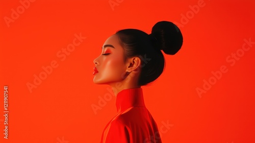 A stunning profile of an Asian fashion model dressed in bold red, accentuated by dramatic lighting, with sleekly styled hair and a vibrant red background. photo