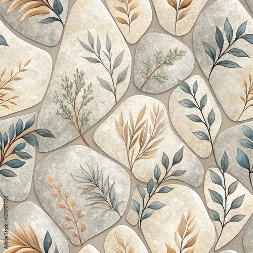 Abstract Stone Pebble Texture with Beige and Teal Botanical Leaf Design Seamless Pattern