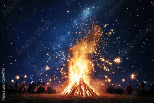 Starry night celebration around a blazing bonfire. photo