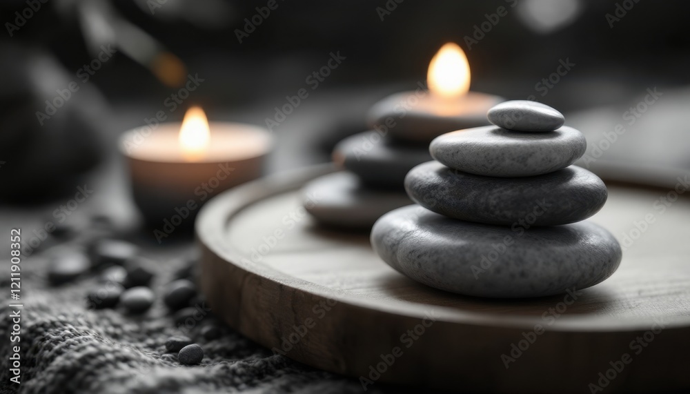 Tranquil zen stone arrangement with soft candlelight ambiance Tranquil zen stone arrangement with soft candlelight ambiance