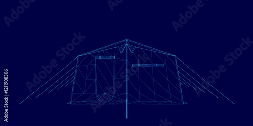 Blue image of a tent with a blue background. The tent is shown in a stylized way, with a lot of lines and dots. Scene is somewhat abstract and artistic, with a focus on the tent