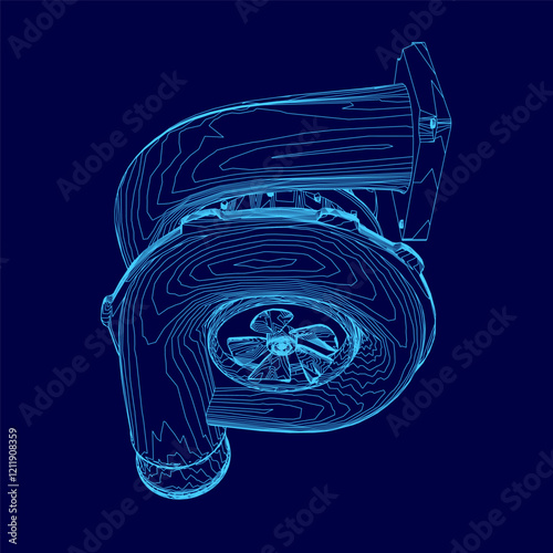 Blue drawing of a car turbo part of engine with a turbo. The drawing is in blue and is very detailed