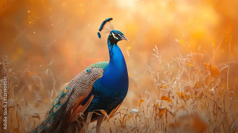 A Stunning Peacock Proudly Displaying Its Colors Amongst Lush Greenery in a Serene Field Setting A Stunning Peacock Proudly Displaying Its Colors Amongst Lush Greenery in a Serene Field Setting