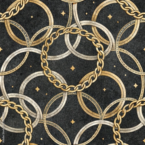 Seamless Gold Chain and Circle Pattern Luxury Fashion Textile Design Elegant Dark Background