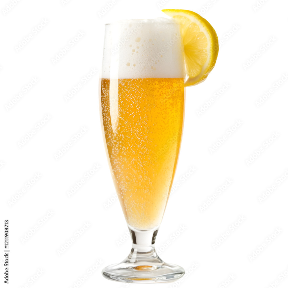 Refreshing light beer in a tall glass, garnished with a lemon wedge. Perfect for a summer afternoon.