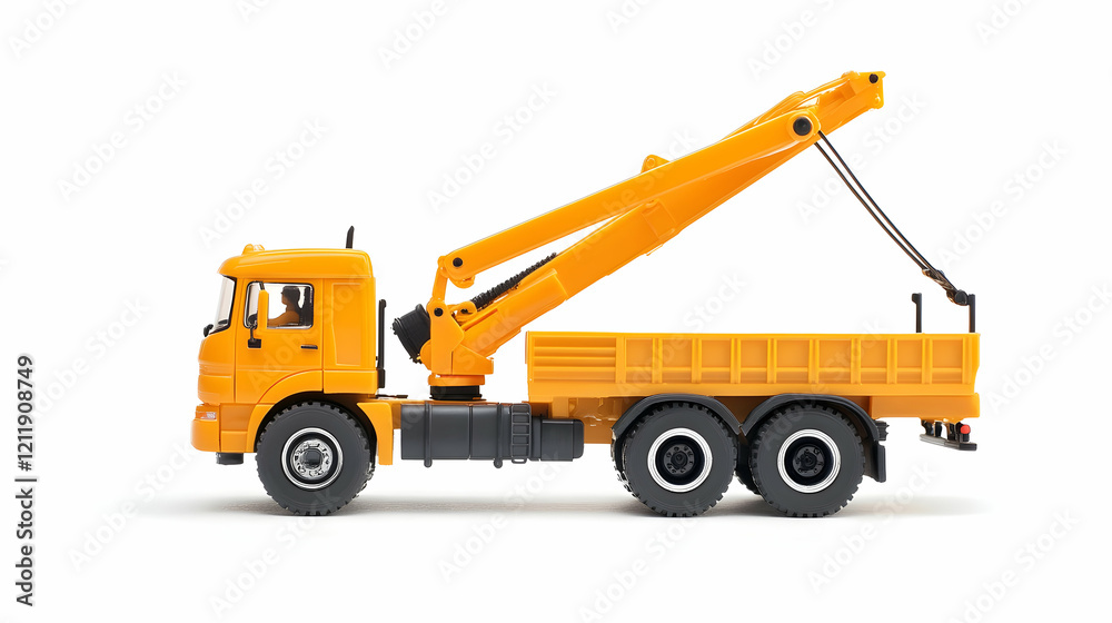 Yellow toy crane truck on white background; construction, transport, model, vehicle, industry, isolated Yellow toy crane truck on white background; construction, transport, model, vehicle, industry, isolated
