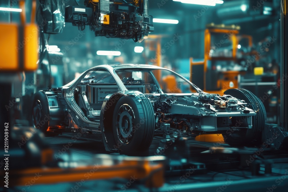 Modern automobile assembly in a high-tech manufacturing facility Modern automobile assembly in a high-tech manufacturing facility