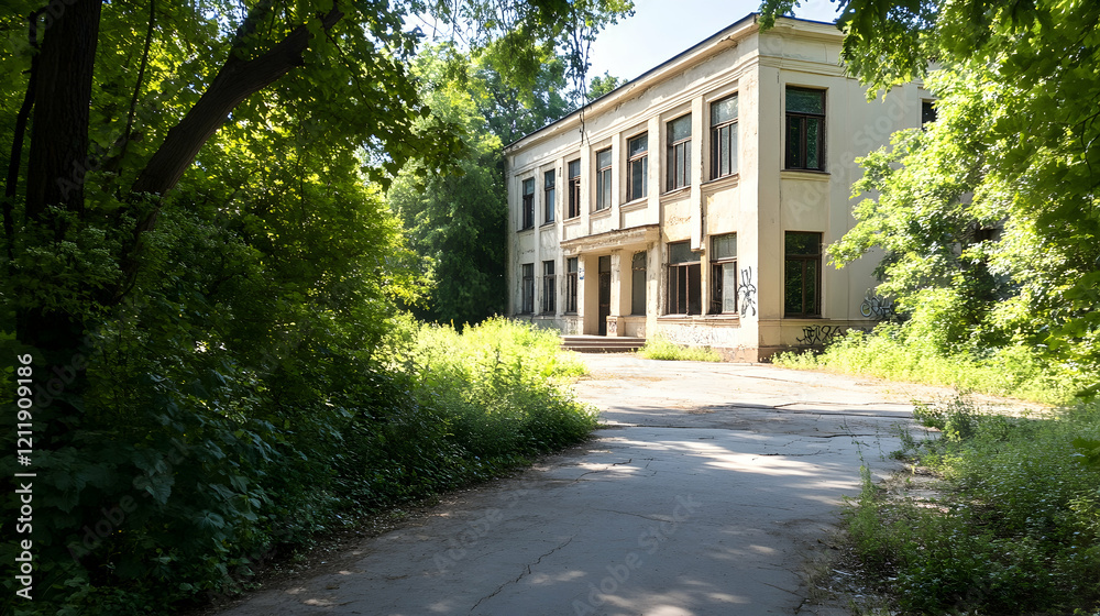 Obraz premium Abandoned building, overgrown path, summer sunlight, leafy trees. Perfect for illustrating neglect, decay, or historical sites