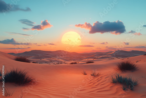 A desert landscape at sunset, bathed in warm topaz hues. The shadows of the dunes create a deep contrast with the golden light
 photo