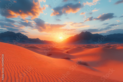 A desert landscape at sunset, bathed in warm topaz hues. The shadows of the dunes create a deep contrast with the golden light
 photo