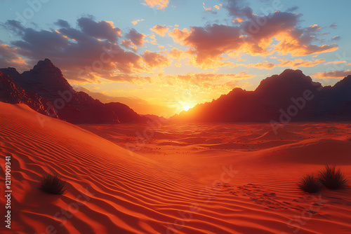 A desert landscape at sunset, bathed in warm topaz hues. The shadows of the dunes create a deep contrast with the golden light
 photo