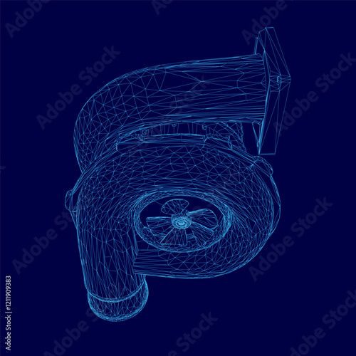 Blue drawing of a car turbo part of engine with a turbo. The drawing is in blue and is very detailed