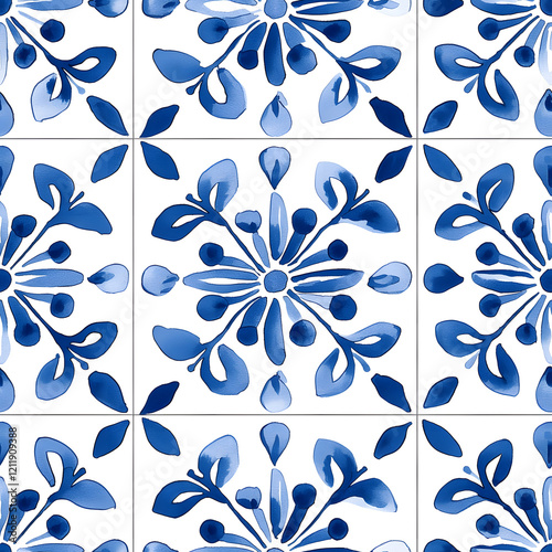 Blue and white watercolor simple azulejos tile with floral design pattern, white background