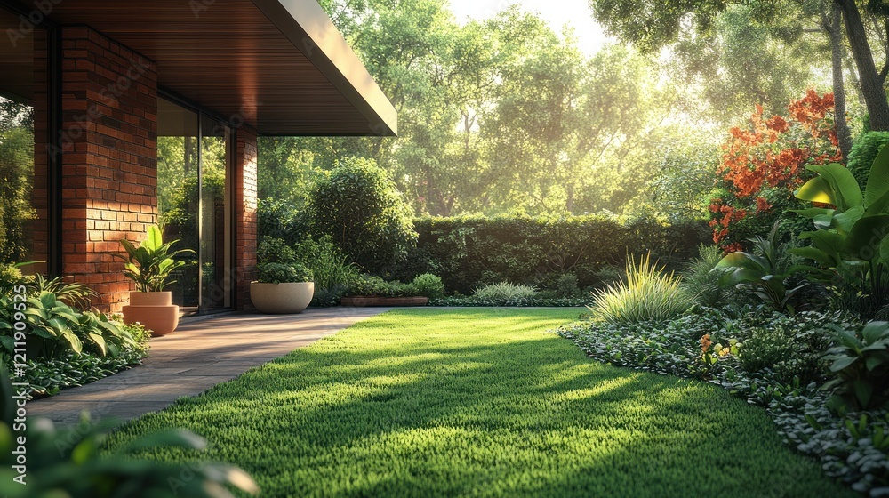 Obraz premium Sunlit lawn with vibrant plants by modern house.