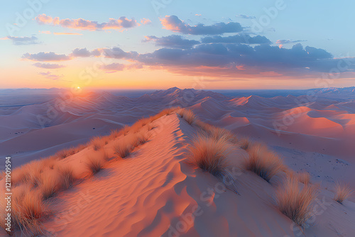 A desert landscape at sunset, bathed in warm topaz hues. The shadows of the dunes create a deep contrast with the golden light
 photo