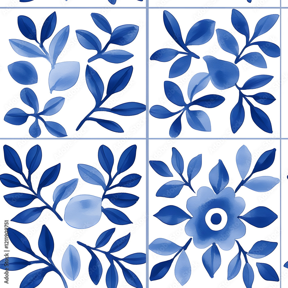 Blue and white watercolor simple azulejos tile with floral design pattern, white background Blue and white watercolor simple azulejos tile with floral design pattern, white background