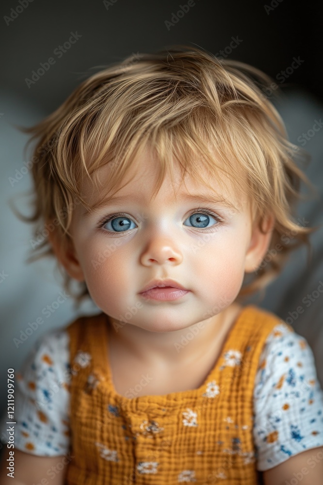 A young child with striking blue eyes seated on a bed, great for family or childhood themed projects A young child with striking blue eyes seated on a bed, great for family or childhood themed projects