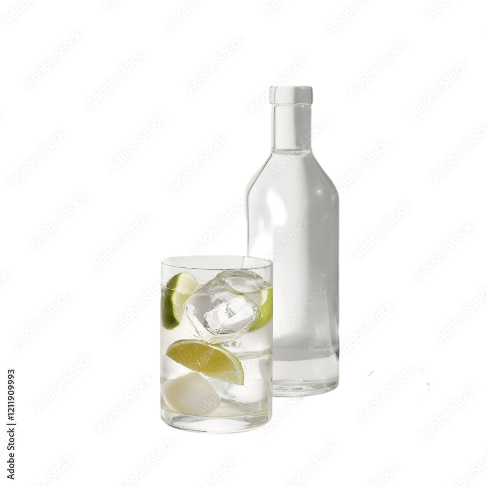 Refreshing cocktail with lime and ice in a rocks glass, next to a bottle of clear liquor. Refreshing cocktail with lime and ice in a rocks glass, next to a bottle of clear liquor.