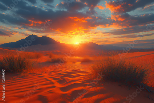 A desert landscape at sunset, bathed in warm topaz hues. The shadows of the dunes create a deep contrast with the golden light
 photo