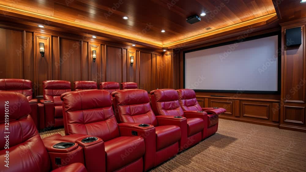 Home theater with red recliners and wooden interior. Home theater with red recliners and wooden interior.