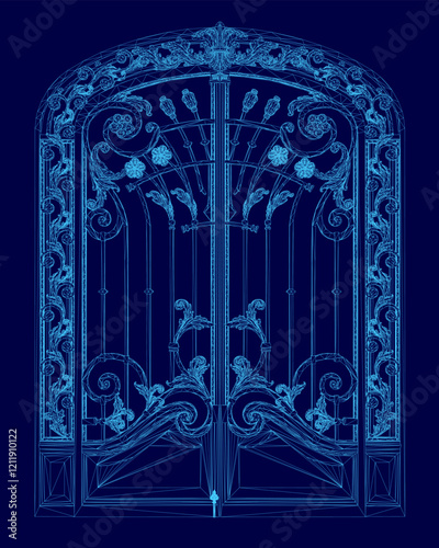 Blue gate with a flower design. The gate is closed and the flowers are in the middle of the gate