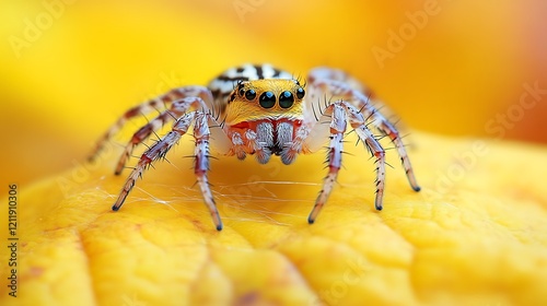 Close-up of a vibrant jumping spider on yellow surface. photo