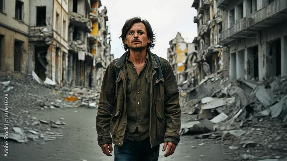 Man walks through destroyed urban landscape, capturing themes of loss and struggle in post apocalyptic setting