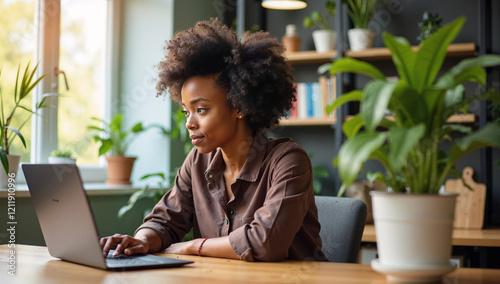 African American Woman Working at Desk with Laptop