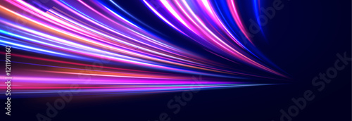 Creative vector illustration of flying cosmic meteor, planetoid, comet, fireball isolated on transparent background. Effect, png, wave,neon,line. Light arc in neon colors, in the form of a turn.