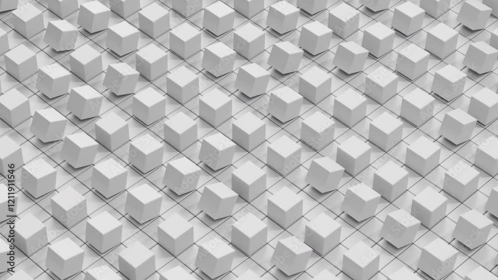 Abstract 3D animation in 4K of white cubes moving in a circular pattern on a monochrome surface. The seamless loop highlights minimalistic geometric motion, creating a clean and elegant visual effect.