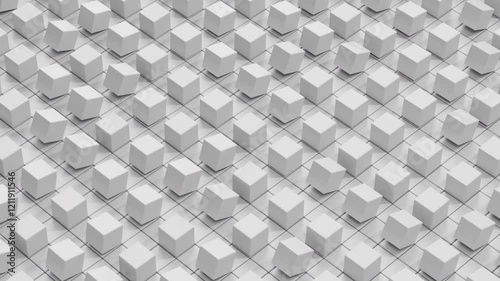 Abstract 3D animation in 4K of white cubes moving in a circular pattern on a monochrome surface. The seamless loop highlights minimalistic geometric motion, creating a clean and elegant visual effect.