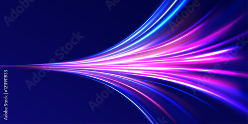 Horizontal speed lines connection vector background. Futuristic dynamic motion technology blue glowing lines air flow effect.  Racing cars dynamic flash effects city road with long exposure. 