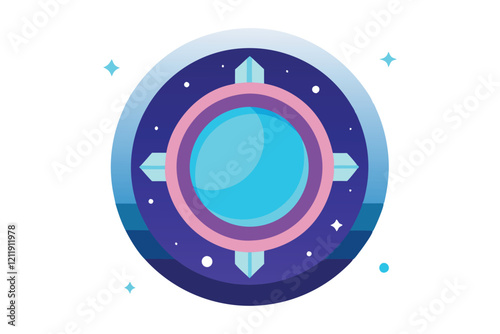 Cartoon spaceship porthole, circular window, vibrant purple and blue colors, starry night sky background, cute minimalist design, flat illustration style, space exploration theme, round cosmic view, 