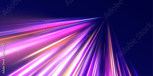 Acceleration speed motion on night road. Magic moving fast speed lines. Blurred car light motion effect, city road background with long exposure night lights. Png,  ray, abstract, energy, pack, effect
