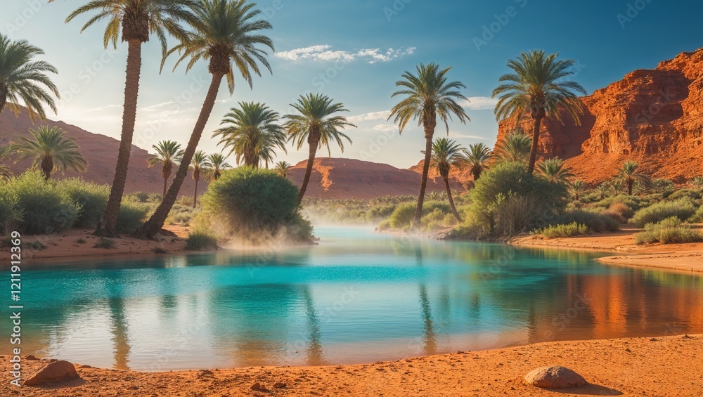 Remote Desert Oasis with Lush Palms and Crystal Clear Spring Remote Desert Oasis with Lush Palms and Crystal Clear Spring