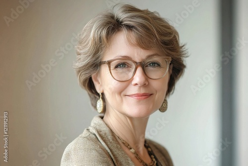 Headshot portrait of smiling senior Caucasian businesswoman in glasses pose in office on working day. Close up profile picture of happy middle-aged female employee or CEO show success at workplace.