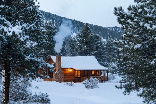 Rustic cabin with snow in a tranquil pine forest. photo