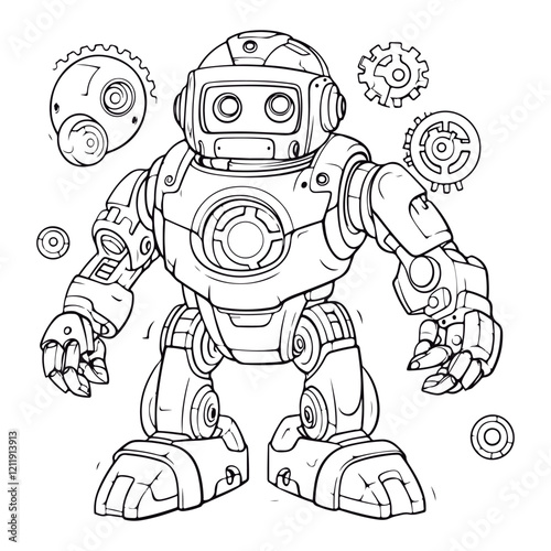 A black and white drawing of a Robot coloring page illustration.
