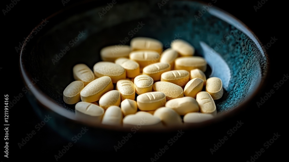 Close-up of assorted yellow pills in a textured bowl, highlighting their shapes against a dark background Close-up of assorted yellow pills in a textured bowl, highlighting their shapes against a dark background