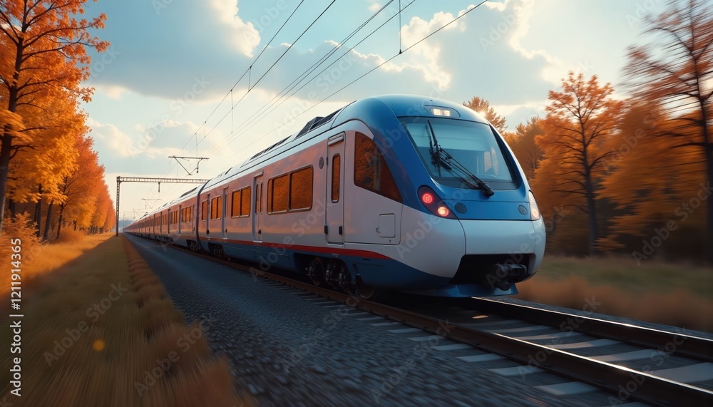 Fototapeta premium Blue and white passenger train travels past autumn trees at sunset, transportation
