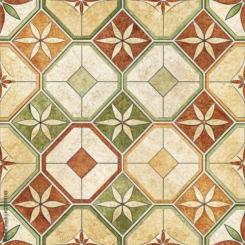 Geometric Beige Green and Brown Vintage Tile Floor Pattern Seamless Texture