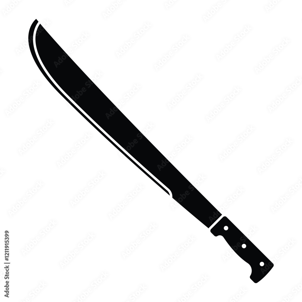 Machete vector icon. Ideal for survival, jungle adventure, or tool design themes. Black silhouette isolated on white background. Machete vector icon. Ideal for survival, jungle adventure, or tool design themes. Black silhouette isolated on white background.