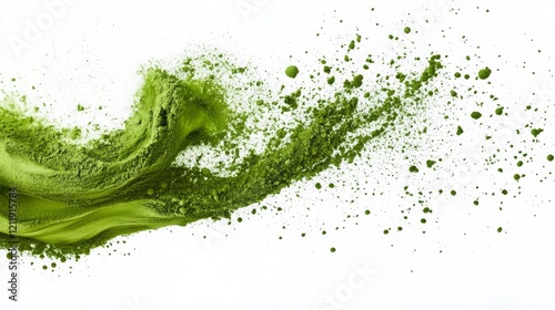 Green matcha powder splashes in motion on a white background