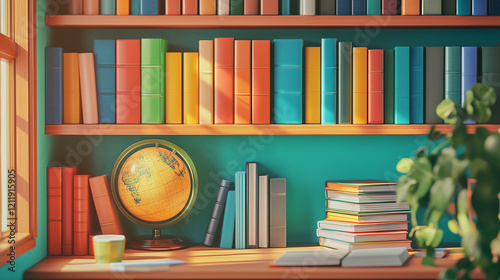 Bookshelf filled with colorful books, a globe, and stacked notebooks.