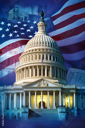 Striking illustration of the U.S. Capitol with a vibrant American flag backdrop and symbolic design elements.