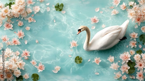 Wallpaper Mural Graceful white swan swimming amidst a vibrant array of lotus flowers in a serene tranquil pond creating a captivating and harmonious natural scene that symbolizes purity beauty Torontodigital.ca